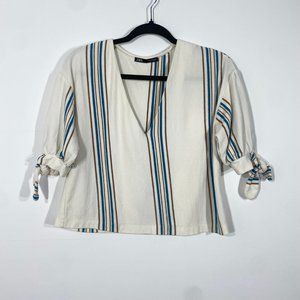 Zara Striped Bohemian Cream Blue Brown Blouse, Size M